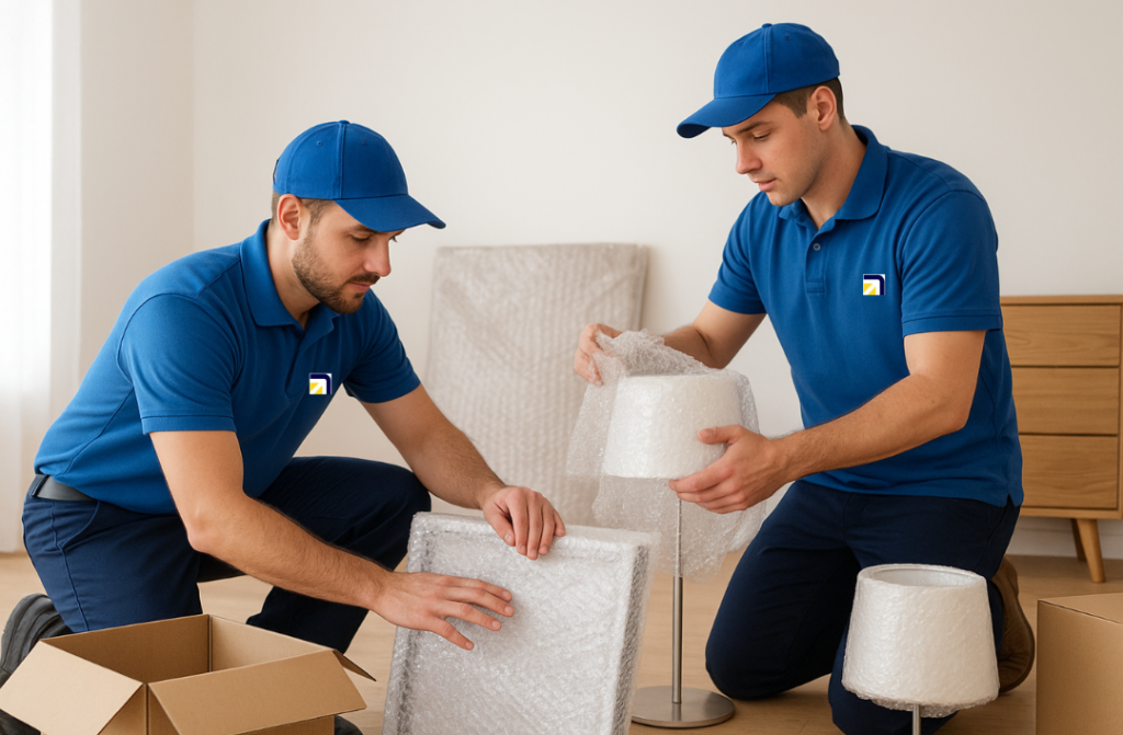 Professional movers packing household items safely with bubble wrap.