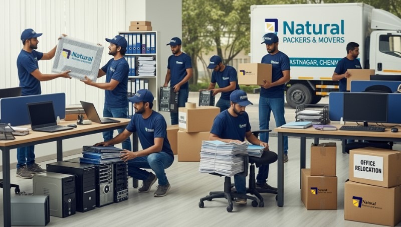 Office relocation team in Bastnagar Chennai packing and transporting computers and furniture.