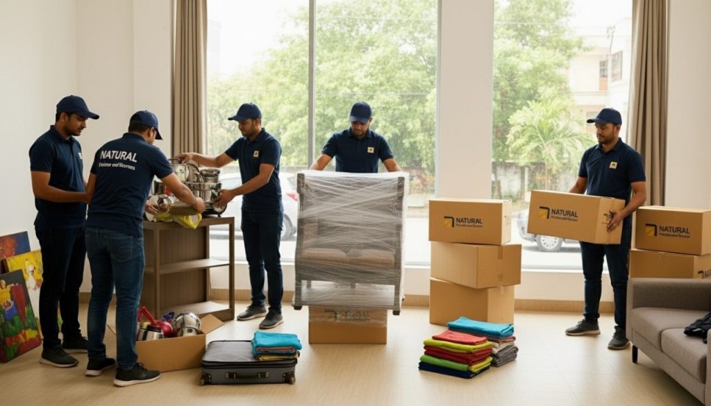 Professional packers wrapping household goods for home shifting in Besantnagar, Chennai.