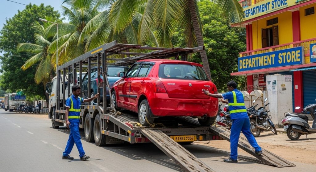 Car being loaded onto a vehicle carrier for transport from Besant nagar Chennai.