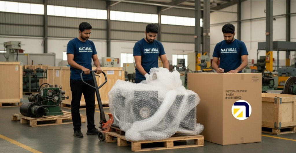 Industrial packers and movers in Salem handling factory equipment.
