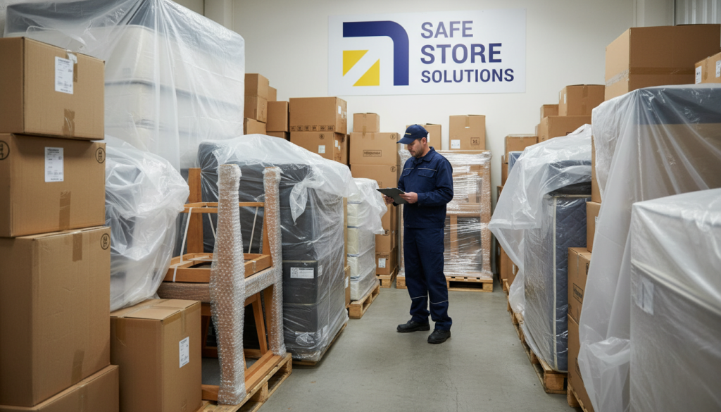 Secure warehouse storage facility with packed boxes
